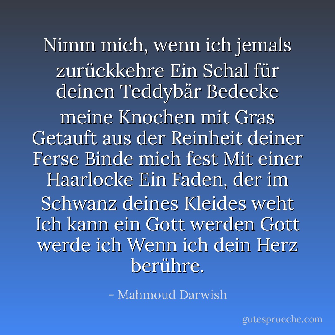 Nimm mich, wenn ich jemals zurückkehre<br />Ein Schal für deinen Teddybär<br />Bedecke meine Knochen mit Gras<br />Getauft aus der Reinheit deiner Ferse<br />Binde mich fest<br />Mit einer Haarlocke<br />Ein Faden, der im Schwanz deines Kleides weht<br />Ich kann ein Gott werden<br />Gott werde ich<br />Wenn ich dein Herz berühre. - Mahmoud Darwish<