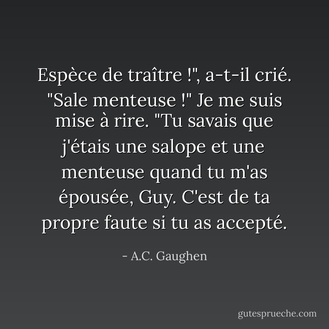 Espèce de traître !", a-t-il crié. "Sale menteuse !"<br />Je me suis mise à rire. "Tu savais que j'étais une salope et une menteuse quand tu m'as épousée, Guy. C'est de ta propre faute si tu as accepté. - A.C. Gaughen