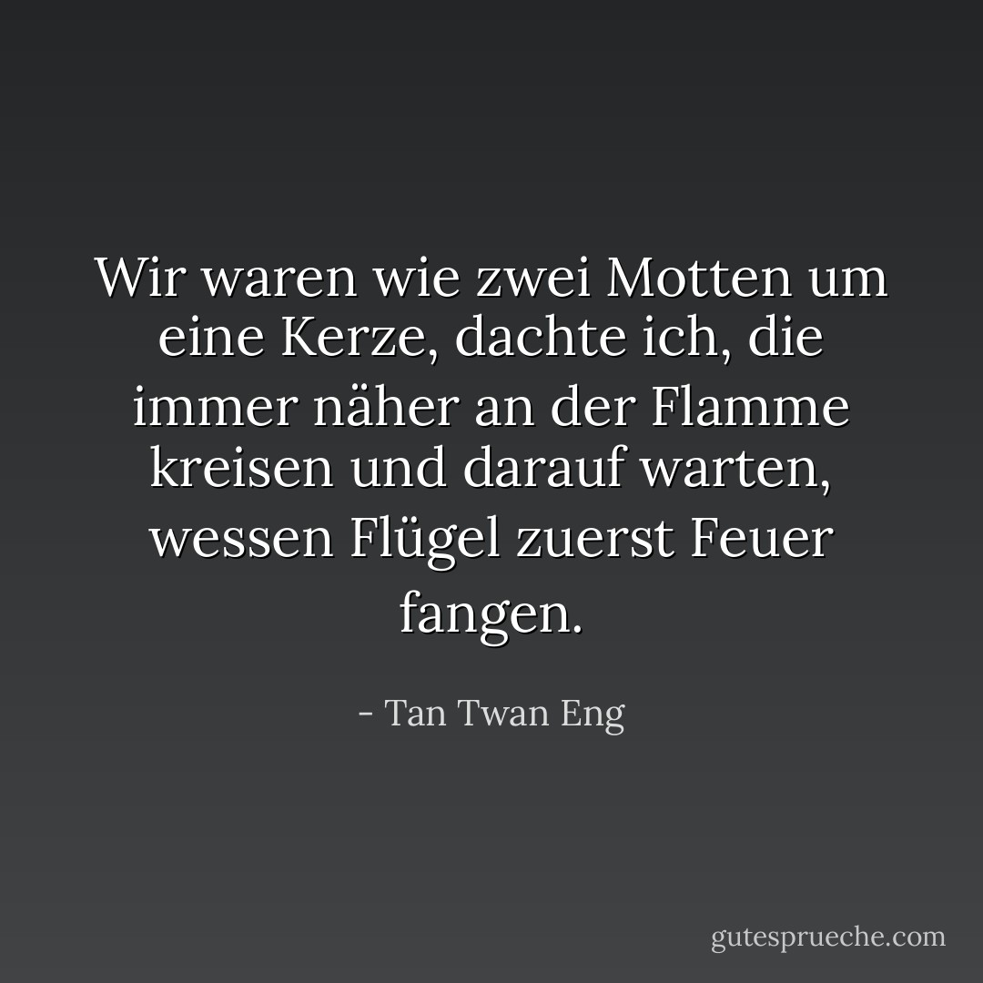 Wir waren wie zwei Motten um eine Kerze, dachte ich, die immer näher an der Flamme kreisen und darauf warten, wessen Flügel zuerst Feuer fangen. - Tan Twan Eng<