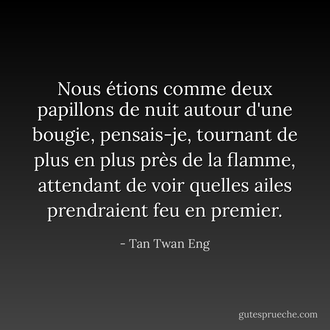 Nous étions comme deux papillons de nuit autour d'une bougie, pensais-je, tournant de plus en plus près de la flamme, attendant de voir quelles ailes prendraient feu en premier. - Tan Twan Eng