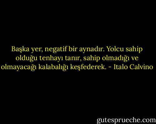 Başka yer, negatif bir aynadır. Yolcu sahip olduğu tenhayı tanır, sahip olmadığı ve olmayacağı kalabalığı keşfederek. - Italo Calvino