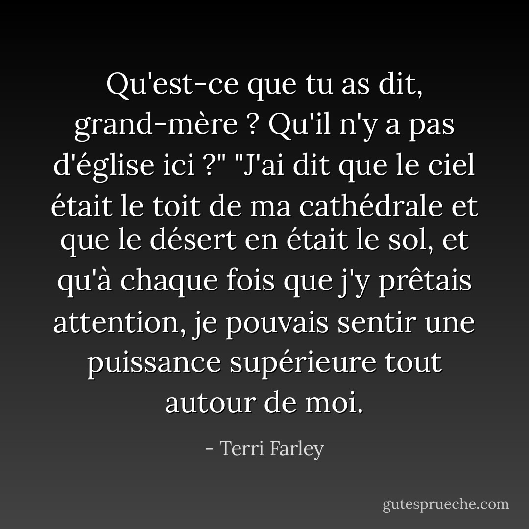 Qu'est-ce que tu as dit, grand-mère ? Qu'il n'y a pas d'église ici ?" "J'ai dit que le ciel était le toit de ma cathédrale et que le désert en était le sol, et qu'à chaque fois que j'y prêtais attention, je pouvais sentir une puissance supérieure tout autour de moi. - Terri Farley