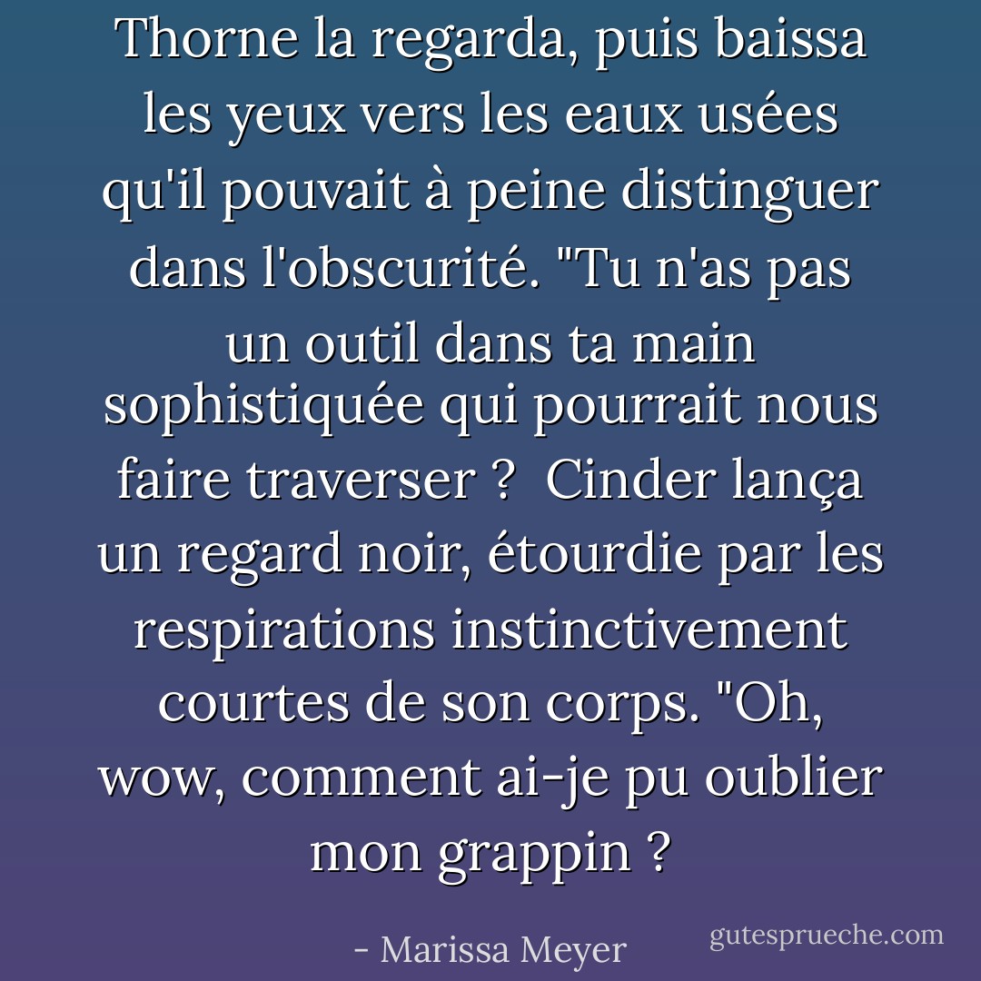 Thorne la regarda, puis baissa les yeux vers les eaux usées qu'il pouvait à peine distinguer dans l'obscurité. "Tu n'as pas un outil dans ta main sophistiquée qui pourrait nous faire traverser ? <br />Cinder lança un regard noir, étourdie par les respirations instinctivement courtes de son corps. "Oh, wow, comment ai-je pu oublier mon grappin ? - Marissa Meyer