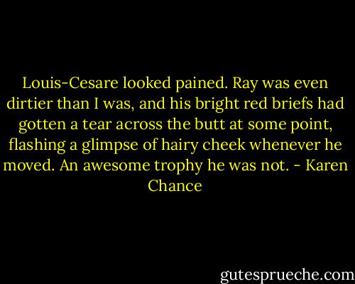 Louis-Cesare looked pained. Ray was even dirtier than I was, and his bright red briefs had gotten a tear across the butt at some point, flashing a glimpse of hairy cheek whenever he moved. An awesome trophy he was not. - Karen Chance