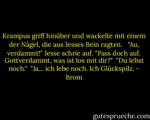 Krampus griff hinüber und wackelte mit einem der Nägel, die aus Jesses Bein ragten. <br /><br />"Au, verdammt!" Jesse schrie auf. "Pass doch auf. Gottverdammt, was ist los mit dir?"<br /><br />"Du lebst noch."<br /><br />"Ja... ich lebe noch. Ich Glückspilz. - Brom<