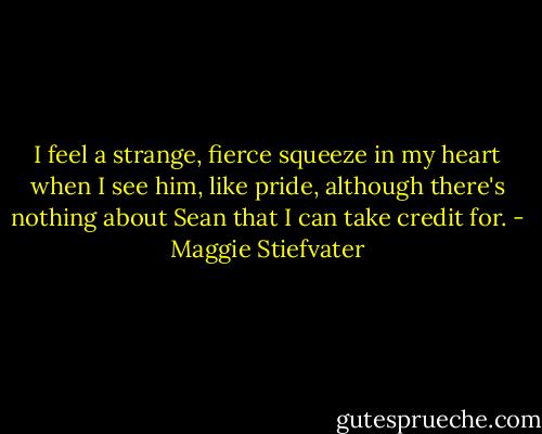 I feel a strange, fierce squeeze in my heart when I see him, like pride, although there's nothing about Sean that I can take credit for. - Maggie Stiefvater