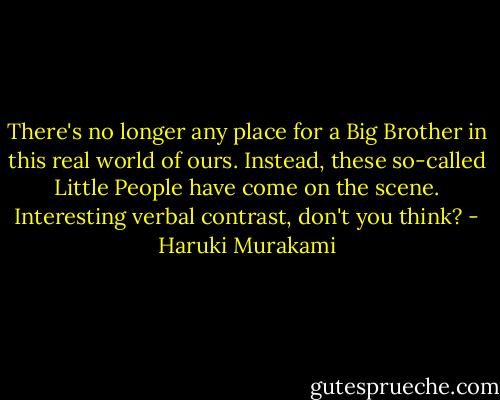 There's no longer any place for a Big Brother in this real world of ours. Instead, these so-called Little People have come on the scene. Interesting verbal contrast, don't you think? - Haruki Murakami