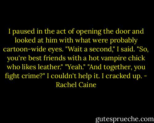 I paused in the act of opening the door and looked at him with what were probably cartoon-wide eyes. "Wait a second," I said. "So, you're best friends with a hot vampire chick who likes leather."<br />"Yeah."<br />"And together, you fight crime?" I couldn't help it. I cracked up. - Rachel Caine