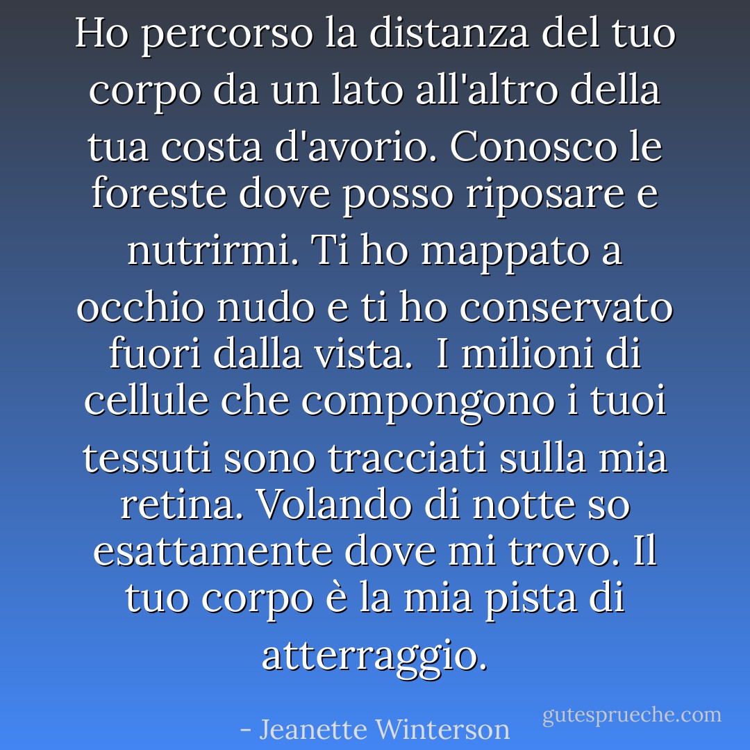 Ho percorso la distanza del tuo corpo da un lato all'altro della tua costa d'avorio. Conosco le foreste dove posso riposare e nutrirmi. Ti ho mappato a occhio nudo e ti ho conservato fuori dalla vista. <br />I milioni di cellule che compongono i tuoi tessuti sono tracciati sulla mia retina. Volando di notte so esattamente dove mi trovo. Il tuo corpo è la mia pista di atterraggio. - Jeanette Winterson