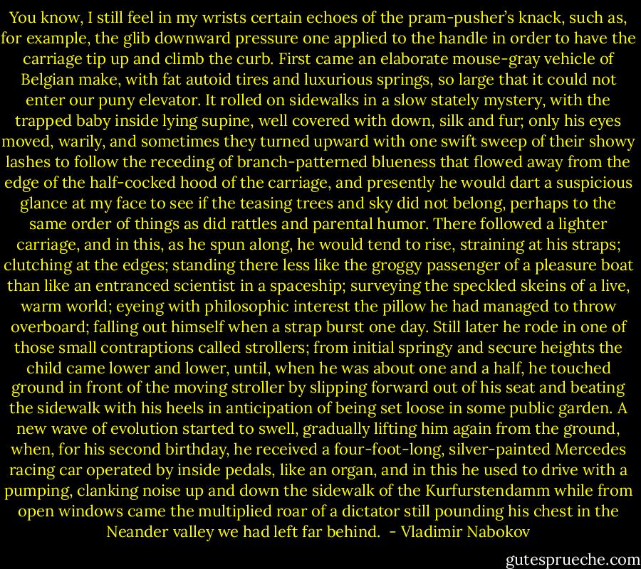 You know, I still feel in my wrists certain echoes of the pram-pusher’s knack, such as, for example, the glib downward pressure one applied to the handle in order to have the carriage tip up and climb the curb. First came an elaborate mouse-gray vehicle of Belgian make, with fat autoid tires and luxurious springs, so large that it could not enter our puny elevator. It rolled on sidewalks in a slow stately mystery, with the trapped baby inside lying supine, well covered with down, silk and fur; only his eyes moved, warily, and sometimes they turned upward with one swift sweep of their showy lashes to follow the receding of branch-patterned blueness that flowed away from the edge of the half-cocked hood of the carriage, and presently he would dart a suspicious glance at my face to see if the teasing trees and sky did not belong, perhaps to the same order of things as did rattles and parental humor. There followed a lighter carriage, and in this, as he spun along, he would tend to rise, straining at his straps; clutching at the edges; standing there less like the groggy passenger of a pleasure boat than like an entranced scientist in a spaceship; surveying the speckled skeins of a live, warm world; eyeing with philosophic interest the pillow he had managed to throw overboard; falling out himself when a strap burst one day. Still later he rode in one of those small contraptions called strollers; from initial springy and secure heights the child came lower and lower, until, when he was about one and a half, he touched ground in front of the moving stroller by slipping forward out of his seat and beating the sidewalk with his heels in anticipation of being set loose in some public garden. A new wave of evolution started to swell, gradually lifting him again from the ground, when, for his second birthday, he received a four-foot-long, silver-painted Mercedes racing car operated by inside pedals, like an organ, and in this he used to drive with a pumping, clanking noise up and down the sidewalk of the Kurfurstendamm while from open windows came the multiplied roar of a dictator still pounding his chest in the Neander valley we had left far behind.  - Vladimir Nabokov