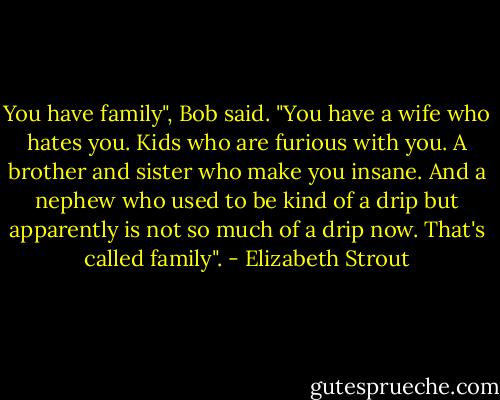 You have family", Bob said. "You have a wife who hates you. Kids who are furious with you. A brother and sister who make you insane. And a nephew who used to be kind of a drip but apparently is not so much of a drip now. That's called family". - Elizabeth Strout