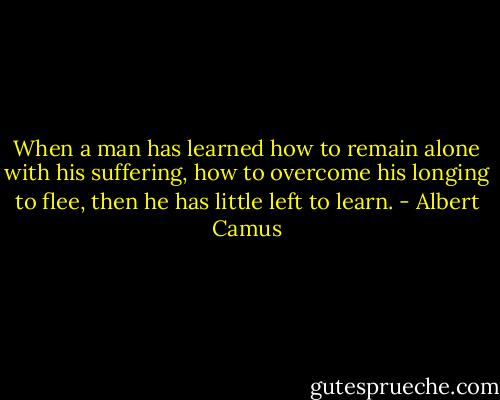 When a man has learned how to remain alone with his suffering, how to overcome his longing to flee, then he has little left to learn. - Albert Camus