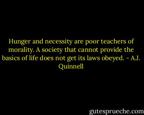 Hunger and necessity are poor teachers of morality. A society that cannot provide the basics of life does not get its laws obeyed. - A.J. Quinnell