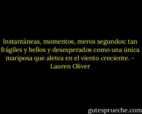 Instantáneas, momentos, meros segundos: tan frágiles y bellos y desesperados como una única mariposa que aletea en el viento creciente. - Lauren Oliver