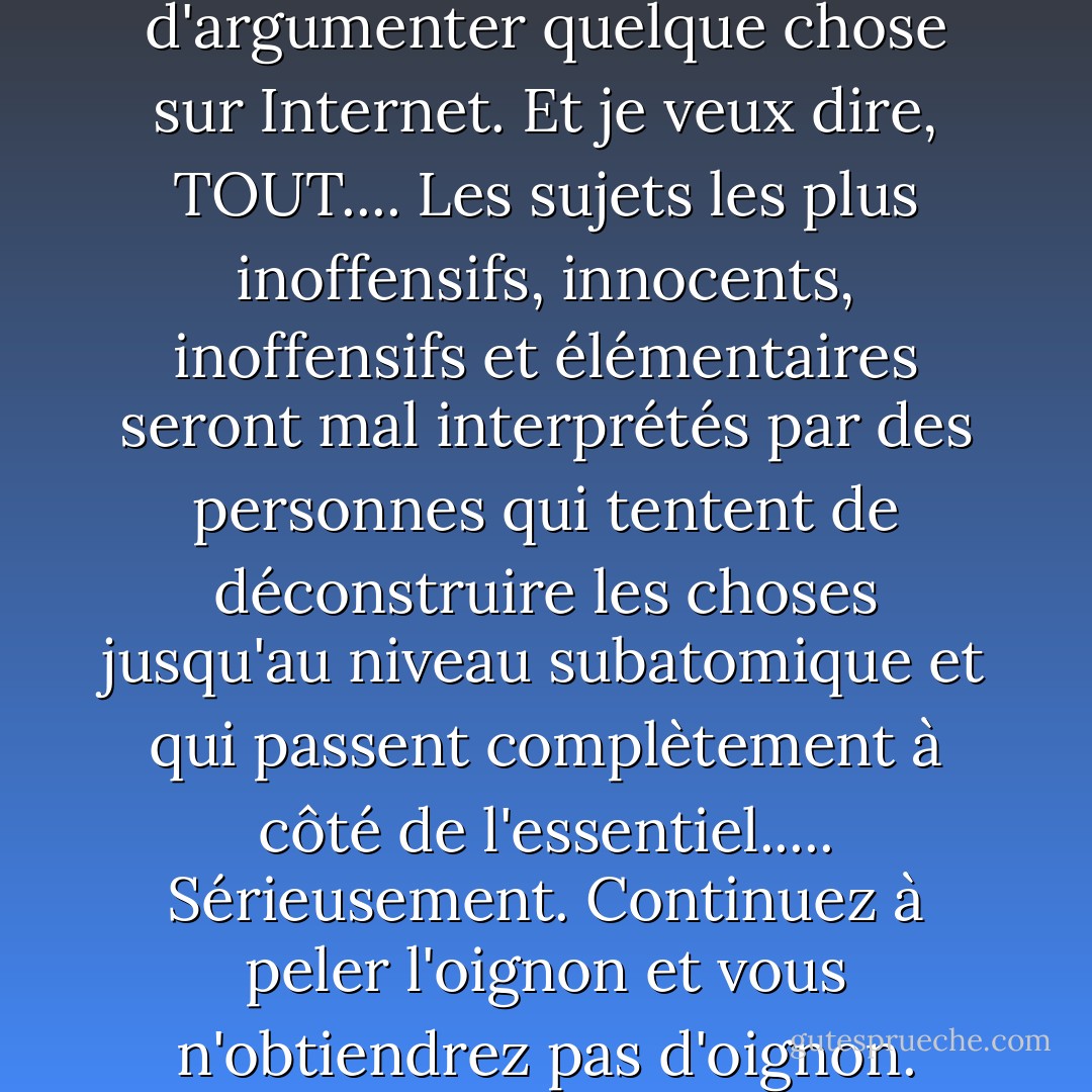 Ne vous donnez pas la peine d'argumenter <em>quelque chose</em> sur Internet. Et je veux dire, TOUT.... Les sujets les plus inoffensifs, innocents, inoffensifs et élémentaires seront mal interprétés par des personnes qui tentent de déconstruire les choses jusqu'au niveau subatomique et qui passent complètement à côté de l'essentiel..... Sérieusement. Continuez à peler l'oignon et vous n'obtiendrez pas d'oignon. - Vera Nazarian