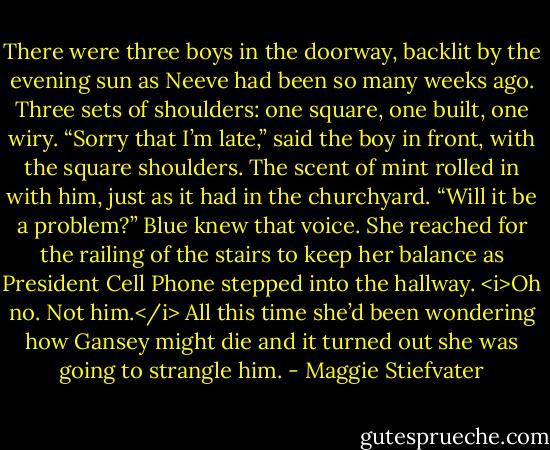 There were three boys in the doorway, backlit by the evening sun as Neeve had been so many weeks ago. Three sets of shoulders: one square, one built, one wiry.<br />“Sorry that I’m late,” said the boy in front, with the square shoulders. The scent of mint rolled in with him, just as it had in the churchyard. “Will it be a problem?”<br />Blue knew that voice.<br />She reached for the railing of the stairs to keep her balance as President Cell Phone stepped into the hallway.<br /><i>Oh no. Not him.</i> All this time she’d been wondering how Gansey might die and it turned out she was going to strangle him. - Maggie Stiefvater