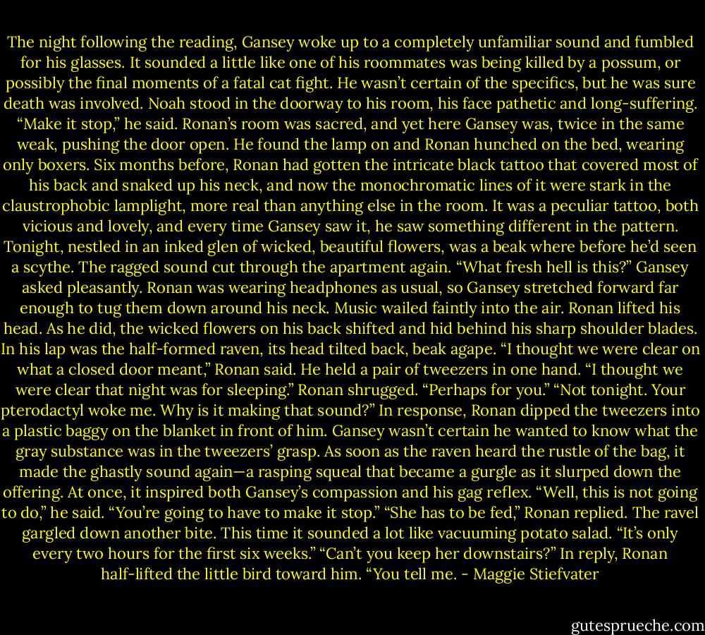 The night following the reading, Gansey woke up to a completely unfamiliar sound and fumbled for his glasses. It sounded a little like one of his roommates was being killed by a possum, or possibly the final moments of a fatal cat fight. He wasn’t certain of the specifics, but he was sure death was involved.<br />Noah stood in the doorway to his room, his face pathetic and long-suffering. “Make it stop,” he said.<br />Ronan’s room was sacred, and yet here Gansey was, twice in the same weak, pushing the door open. He found the lamp on and Ronan hunched on the bed, wearing only boxers. Six months before, Ronan had gotten the intricate black tattoo that covered most of his back and snaked up his neck, and now the monochromatic lines of it were stark in the claustrophobic lamplight, more real than anything else in the room. It was a peculiar tattoo, both vicious and lovely, and every time Gansey saw it, he saw something different in the pattern. Tonight, nestled in an inked glen of wicked, beautiful flowers, was a beak where before he’d seen a scythe.<br />The ragged sound cut through the apartment again.<br />“What fresh hell is this?” Gansey asked pleasantly. Ronan was wearing headphones as usual, so Gansey stretched forward far enough to tug them down around his neck. Music wailed faintly into the air.<br />Ronan lifted his head. As he did, the wicked flowers on his back shifted and hid behind his sharp shoulder blades. In his lap was the half-formed raven, its head tilted back, beak agape.<br />“I thought we were clear on what a closed door meant,” Ronan said. He held a pair of tweezers in one hand.<br />“I thought we were clear that night was for sleeping.”<br />Ronan shrugged. “Perhaps for you.”<br />“Not tonight. Your pterodactyl woke me. Why is it making that sound?”<br />In response, Ronan dipped the tweezers into a plastic baggy on the blanket in front of him. Gansey wasn’t certain he wanted to know what the gray substance was in the tweezers’ grasp. As soon as the raven heard the rustle of the bag, it made the ghastly sound again—a rasping squeal that became a gurgle as it slurped down the offering. At once, it inspired both Gansey’s compassion and his gag reflex.<br />“Well, this is not going to do,” he said. “You’re going to have to make it stop.”<br />“She has to be fed,” Ronan replied. The ravel gargled down another bite. This time it sounded a lot like vacuuming potato salad. “It’s only every two hours for the first six weeks.”<br />“Can’t you keep her downstairs?”<br />In reply, Ronan half-lifted the little bird toward him. “You tell me. - Maggie Stiefvater