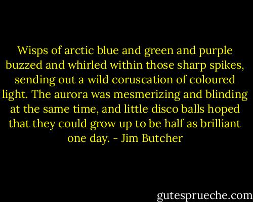 Wisps of arctic blue and green and purple buzzed and whirled within those sharp spikes, sending out a wild coruscation of coloured light. The aurora was mesmerizing and blinding at the same time, and little disco balls hoped that they could grow up to be half as brilliant one day. - Jim Butcher