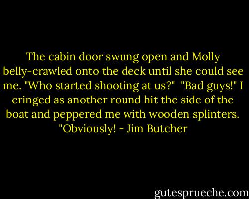 The cabin door swung open and Molly belly-crawled onto the deck until she could see me. "Who started shooting at us?"<br /><br />"Bad guys!" I cringed as another round hit the side of the boat and peppered me with wooden splinters. "Obviously! - Jim Butcher