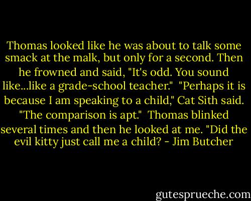 Thomas looked like he was about to talk some smack at the malk, but only for a second. Then he frowned and said, "It's odd. You sound like...like a grade-school teacher."<br /><br />"Perhaps it is because I am speaking to a child," Cat Sith said. "The comparison is apt."<br /><br />Thomas blinked several times and then he looked at me. "Did the evil kitty just call me a child? - Jim Butcher