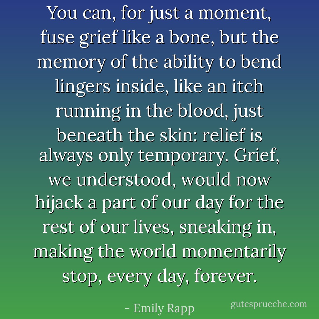 You can, for just a moment, fuse grief like a bone, but the memory of the ability to bend lingers inside, like an itch running in the blood, just beneath the skin: relief is always only temporary. Grief, we understood, would now hijack a part of our day for the rest of our lives, sneaking in, making the world momentarily stop, every day, forever. - Emily Rapp