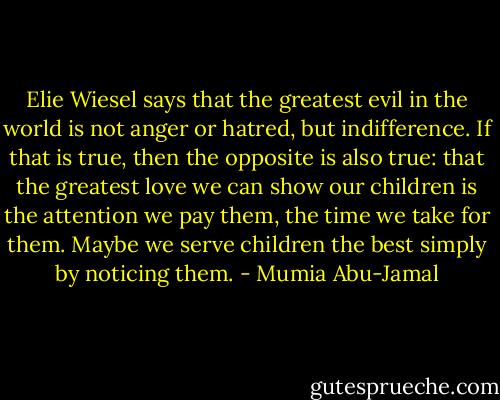 Elie Wiesel says that the greatest evil in the world is not anger or hatred, but indifference. If that is true, then the opposite is also true: that the greatest love we can show our children is the attention we pay them, the time we take for them. Maybe we serve children the best simply by noticing them. - Mumia Abu-Jamal