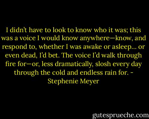 I didn’t have to look to know who it was; this was a voice I would know anywhere—know, and respond to, whether I was awake or asleep… or even dead, I’d bet. The voice I’d walk through fire for—or, less dramatically, slosh every day through the cold and endless rain for. - Stephenie Meyer
