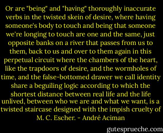 Or are "being" and "having" thoroughly inaccurate verbs in the twisted skein of desire, where having someone's body to touch and being that someone we're longing to touch are one and the same, just opposite banks on a river that passes from us to them, back to us and over to them again in this perpetual circuit where the chambers of the heart, like the trapdoors of desire, and the wormholes of time, and the false-bottomed drawer we call identity share a beguiling logic according to which the shortest distance between real life and the life unlived, between who we are and what we want, is a twisted staircase designed with the impish cruelty of M. C. Escher. - André Aciman