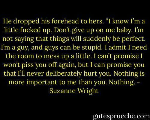 He dropped his forehead to hers. “I know I’m a little fucked up. Don’t give up on me baby. I’m not saying that things will suddenly be perfect. I’m a guy, and guys can be stupid. I admit I need the room to mess up a little. I can’t promise I won’t piss you off again, but I can promise you that I’ll never deliberately hurt you. Nothing is more important to me than you. Nothing. - Suzanne Wright