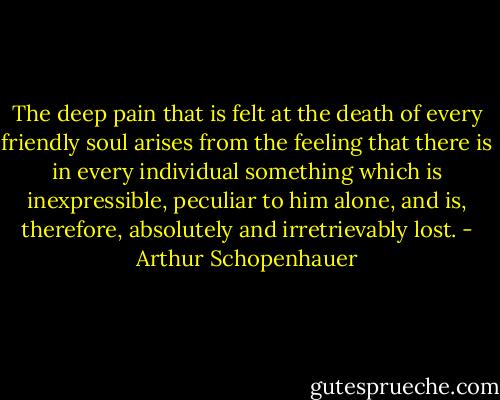 The deep pain that is felt at the death of every friendly soul arises from the feeling that there is in every individual something which is inexpressible, peculiar to him alone, and is, therefore, absolutely and irretrievably lost. - Arthur Schopenhauer
