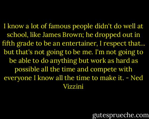 I know a lot of famous people didn't do well at school, like James Brown; he dropped out in fifth grade to be an entertainer, I respect that... but that's not going to be me. I'm not going to be able to do anything but work as hard as possible all the time and compete with everyone I know all the time to make it. - Ned Vizzini