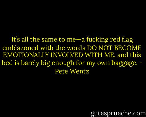 It’s all the same to me—a fucking red flag<br />emblazoned with the words DO NOT BECOME EMOTIONALLY INVOLVED WITH ME, and this bed is barely big enough for my own baggage. - Pete Wentz