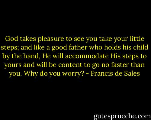 God takes pleasure to see you take your little steps; and like a good father who holds his child by the hand, He will accommodate His steps to yours and will be content to go no faster than you. Why do you worry? - Francis de Sales