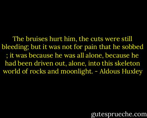 The bruises hurt him, the cuts were still bleeding; but it was not for pain that he sobbed ; it was because he was all alone, because he had been driven out, alone, into this skeleton world of rocks and moonlight. - Aldous Huxley