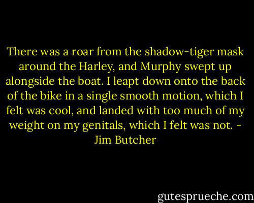 There was a roar from the shadow-tiger mask around the Harley, and Murphy swept up alongside the boat. I leapt down onto the back of the bike in a single smooth motion, which I felt was cool, and landed with too much of my weight on my genitals, which I felt was not. - Jim Butcher