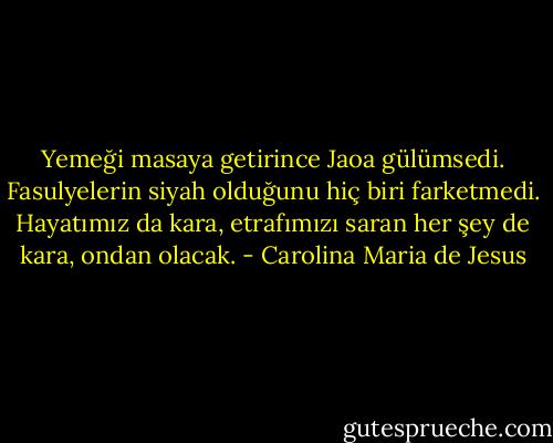 Yemeği masaya getirince Jaoa gülümsedi. Fasulyelerin siyah olduğunu hiç biri farketmedi. Hayatımız da kara, etrafımızı saran her şey de kara, ondan olacak. - Carolina Maria de Jesus