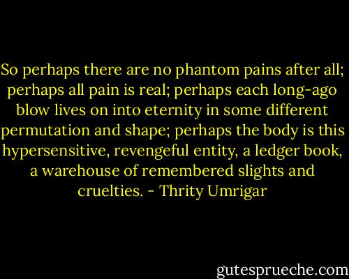 So perhaps there are no phantom pains after all; perhaps all pain is real; perhaps each long-ago blow lives on into eternity in some different permutation and shape; perhaps the body is this hypersensitive, revengeful entity, a ledger book, a warehouse of remembered slights and cruelties. - Thrity Umrigar
