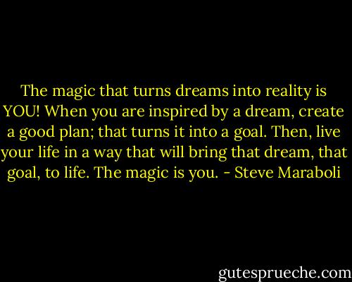 The magic that turns dreams into reality is YOU! When you are inspired by a dream, create a good plan; that turns it into a goal. Then, live your life in a way that will bring that dream, that goal, to life. The magic is you. - Steve Maraboli