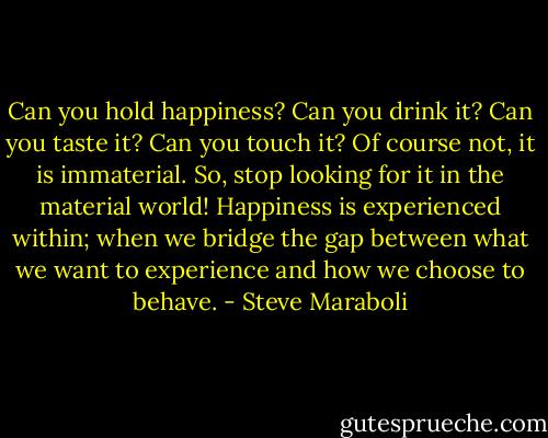 Can you hold happiness? Can you drink it? Can you taste it? Can you touch it? Of course not, it is immaterial. So, stop looking for it in the material world! Happiness is experienced within; when we bridge the gap between what we want to experience and how we choose to behave. - Steve Maraboli