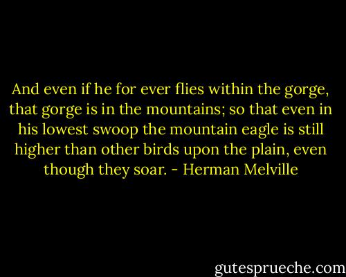 And even if he for ever flies within the gorge, that gorge is in the mountains; so that even in his lowest swoop the mountain eagle is still higher than other birds upon the plain, even though they soar. - Herman Melville