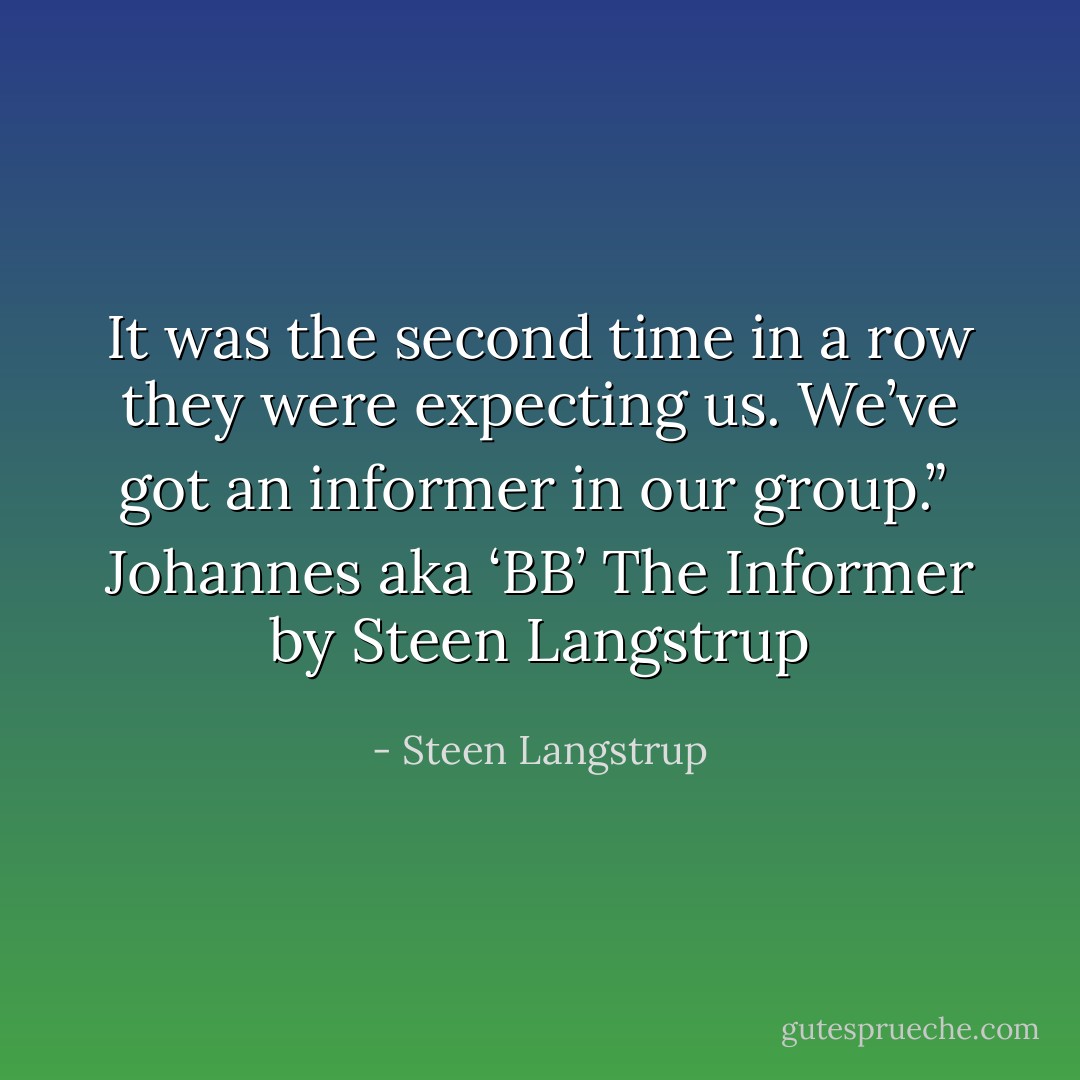 It was the second time in a row they were expecting us. We’ve got an informer in our group.”<br /><br />Johannes aka ‘BB’<br />The Informer by Steen Langstrup - Steen Langstrup