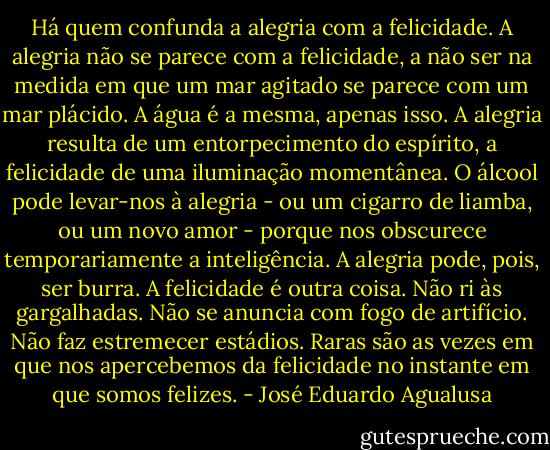 Há quem confunda a alegria com a felicidade. A alegria não se parece com a felicidade, a não ser na medida em que um mar agitado se parece com um mar plácido. A água é a mesma, apenas isso. A alegria resulta de um entorpecimento do espírito, a felicidade de uma iluminação momentânea. O álcool pode levar-nos à alegria - ou um cigarro de liamba, ou um novo amor - porque nos obscurece temporariamente a inteligência. A alegria pode, pois, ser burra. A felicidade é outra coisa. Não ri às gargalhadas. Não se anuncia com fogo de artifício. Não faz estremecer estádios. Raras são as vezes em que nos apercebemos da felicidade no instante em que somos felizes. - José Eduardo Agualusa
