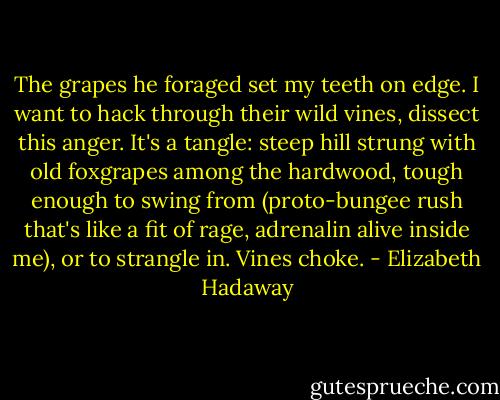 The grapes he foraged set my teeth on edge.<br />I want to hack through their wild vines, dissect<br />this anger. It's a tangle: steep hill strung<br />with old foxgrapes among the hardwood, tough<br />enough to swing from (proto-bungee rush<br />that's like a fit of rage, adrenalin<br />alive inside me), or to strangle in.<br />Vines choke. - Elizabeth Hadaway