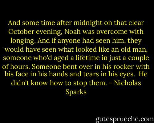 And some time after midnight on that clear October evening, Noah was overcome with longing. And if anyone had seen him, they would have seen what looked like an old man, someone who'd aged a lifetime in just a couple of hours. Someone bent over in his rocker with his face in his hands and tears in his eyes.<br /><br />He didn't know how to stop them. - Nicholas Sparks