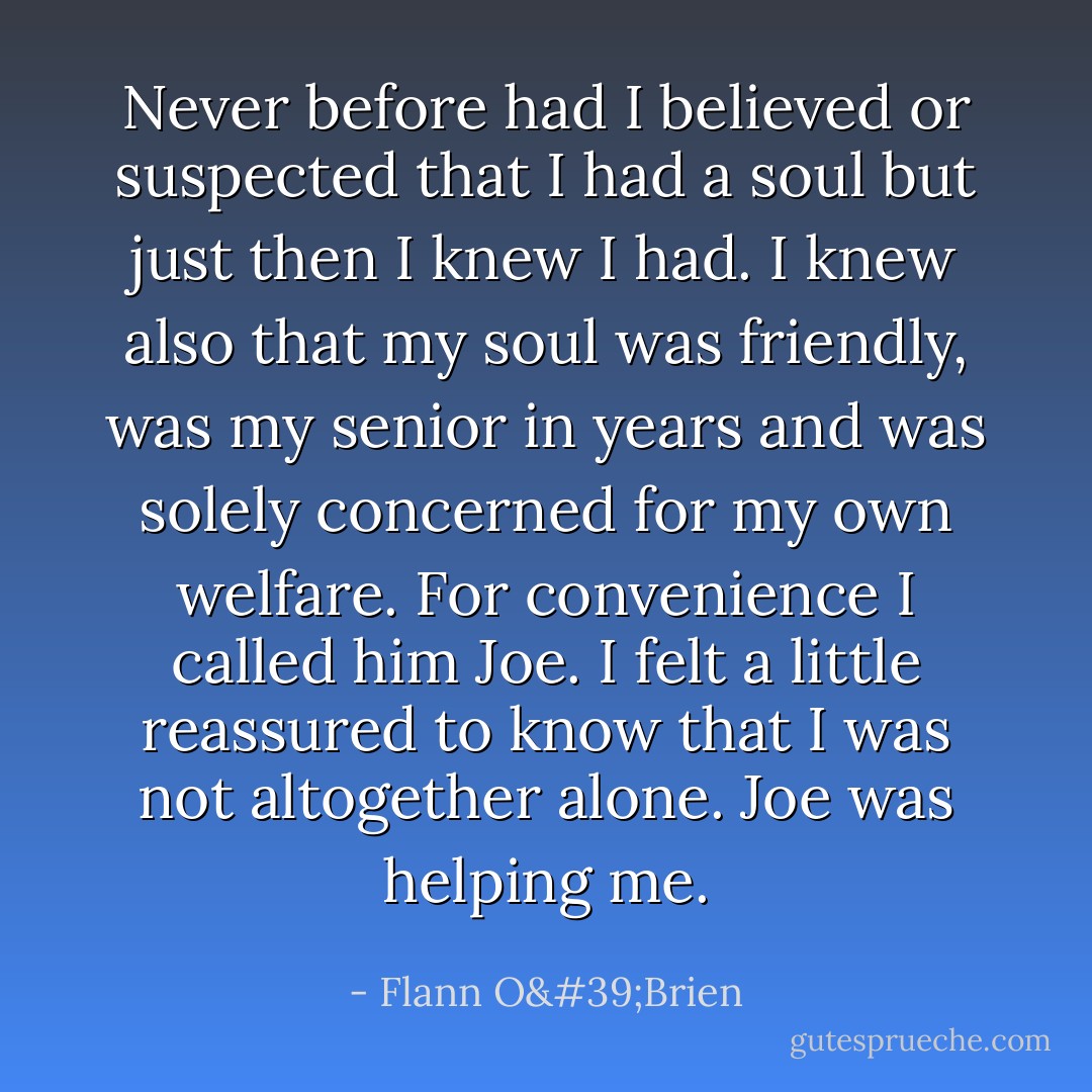 Never before had I believed or suspected that I had a soul but just then I knew I had. I knew also that my soul was friendly, was my senior in years and was solely concerned for my own welfare. For convenience I called him Joe. I felt a little reassured to know that I was not altogether alone. Joe was helping me. - Flann O'Brien
