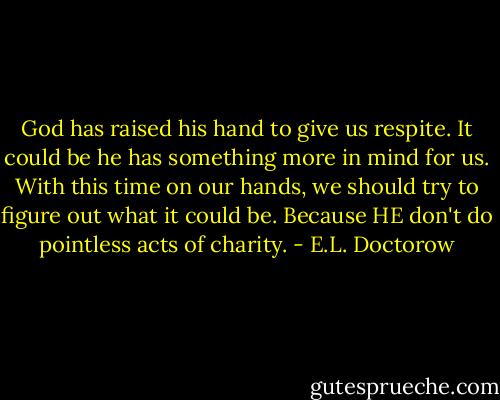 God has raised his hand to give us respite. It could be he has something more in mind for us. With this time on our hands, we should try to figure out what it could be. Because HE don't do pointless acts of charity. - E.L. Doctorow