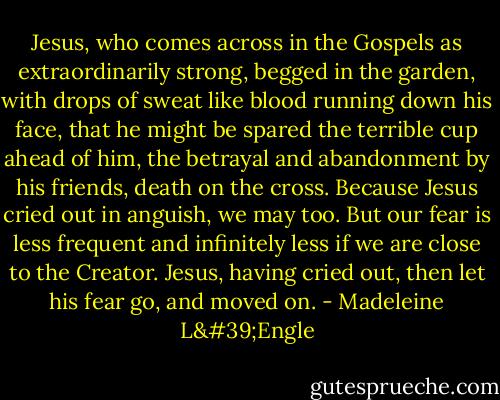 Jesus, who comes across in the Gospels as extraordinarily strong, begged in the garden, with drops of sweat like blood running down his face, that he might be spared the terrible cup ahead of him, the betrayal and abandonment by his friends, death on the cross. Because Jesus cried out in anguish, we may too. But our fear is less frequent and infinitely less if we are close to the Creator. Jesus, having cried out, then let his fear go, and moved on. - Madeleine L'Engle