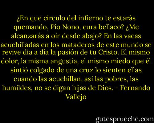¿En que círculo del infierno te estarás quemando, Pío Nono, cura bellaco? ¿Me alcanzarás a oír desde abajo? En las vacas acuchilladas en los mataderos de este mundo se revive día a día la pasión de tu Cristo. El mismo dolor, la misma angustia, el mismo miedo que él sintió colgado de una cruz lo sienten ellas cuando las acuchillan, así las pobres, las humildes, no se digan hijas de Dios. - Fernando Vallejo