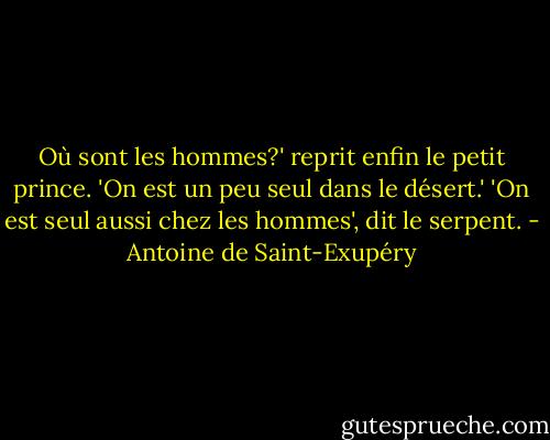 Où sont les hommes?' reprit enfin le petit prince. 'On est un peu seul dans le désert.'<br />'On est seul aussi chez les hommes', dit le serpent. - Antoine de Saint-Exupéry