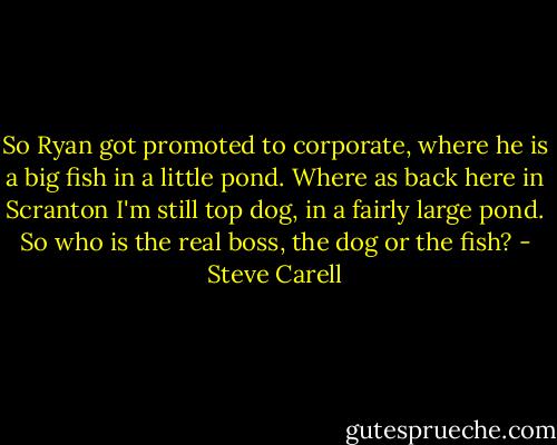 So Ryan got promoted to corporate, where he is a big fish in a little pond. Where as back here in Scranton I'm still top dog, in a fairly large pond. So who is the real boss, the dog or the fish? - Steve Carell
